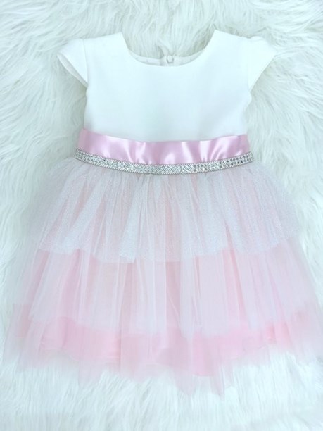 Sukienka dziecięca ozdobny pas tiul biel/róż