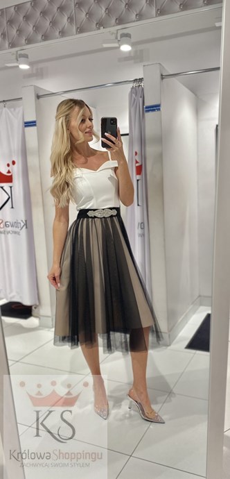 Sukienka midi opadające ramiona tiul beż/czerń