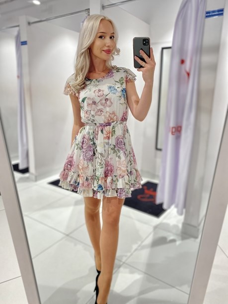 Sukienka krótka ściągacz pas kwiaty szary/zielony