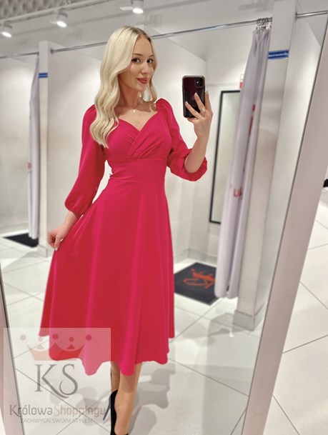 Sukienka midi rękawek 3/4 pas malina