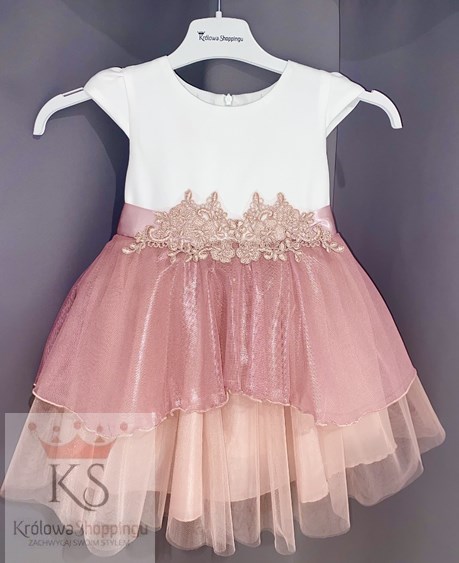 Sukienka dziecięca tiul haft brokat róż/biel