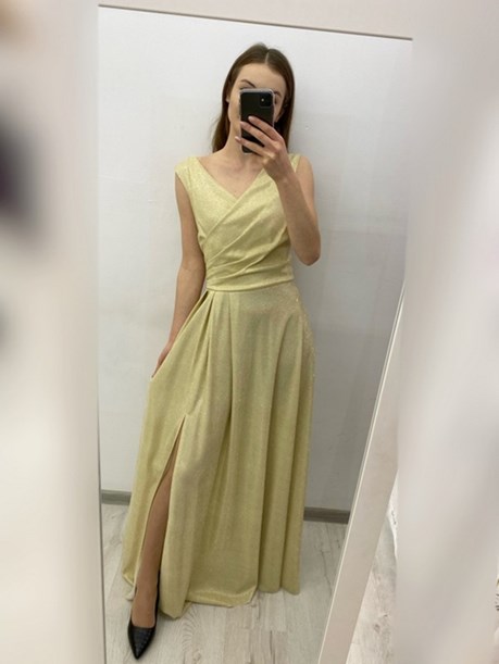 Sukienka długa marszczenia dekolt brokat złoto