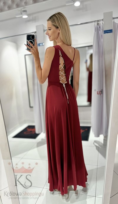 Sukienka długa asymetria wiązanie plecy bordo