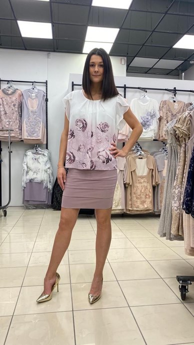 Sukienka krótka pasy kwiaty rękawek fiolet/róż