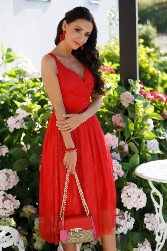 Sukienka midi  dekolt zakładany brokat czerwień