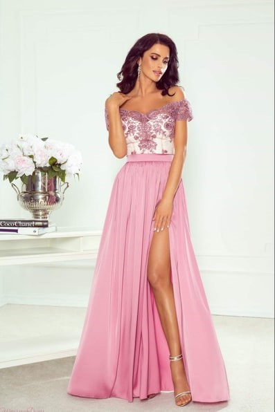 Sukienka długa szerokie ramiączka koronka wrzos