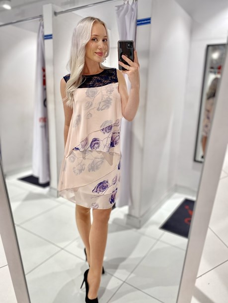 Sukienka krótka falbanki koronka góra beż/granat