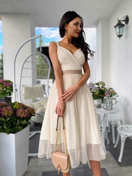 Sukienka midi tiul dekolt zakładany brokat ecru