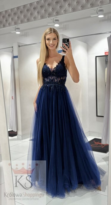 Sukienka długa tiulowa gorset koronka granat