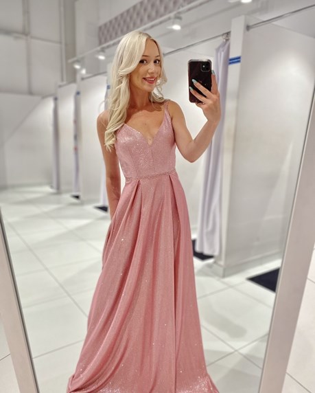 Sukienka długa na ramiączkach perły brokat róż