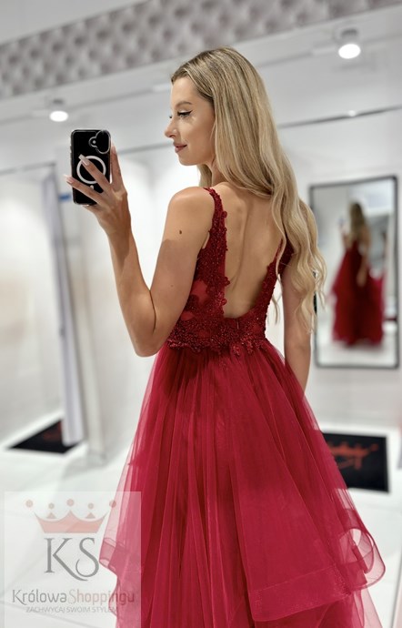 Sukienka długa koronkowa góra tiul bordo