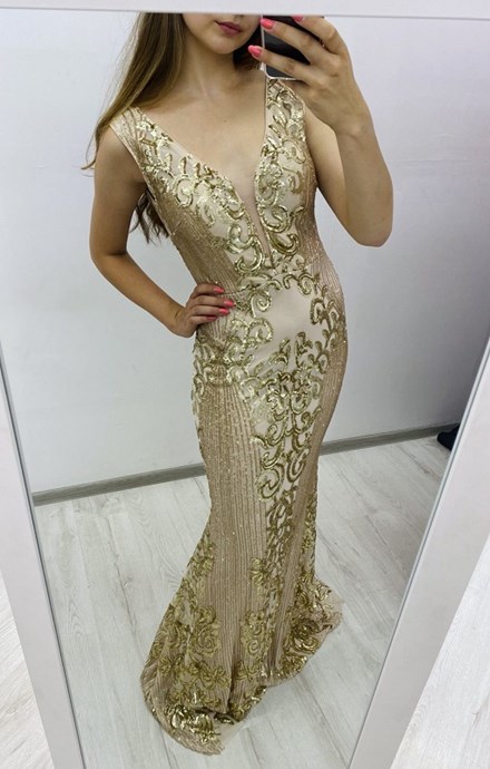 Sukienka długa rybka cekiny wzory beż/złoto