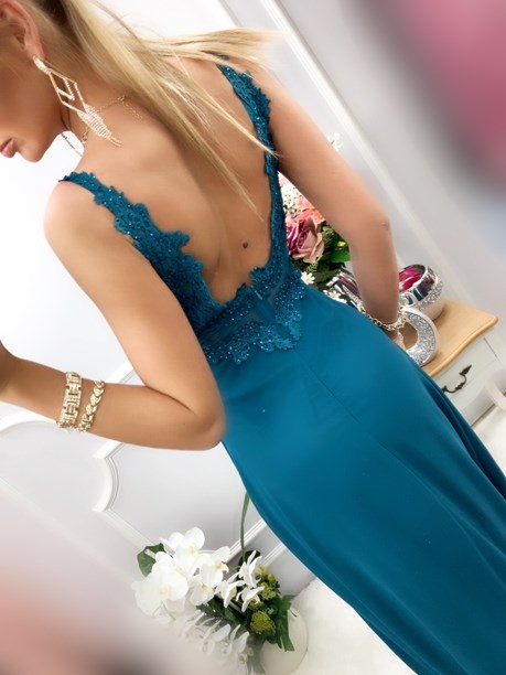 Sukienka długa V dekolt odkryte plecy petrol