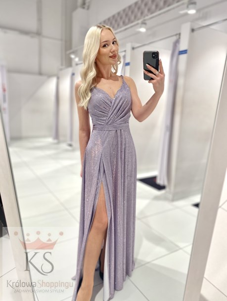 Sukienka długa trzy ramiączka brokat holo lila