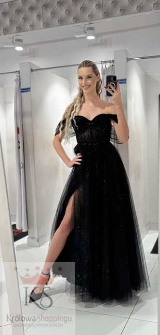 Sukienka długa gorset opadające rękawki tiul czerń