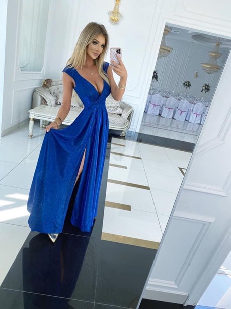 Sukienka długa dekolt V rękaw brokat chaber