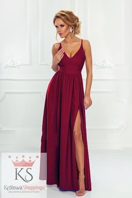 Sukienka długa prosta dwa rozcięcia bordo