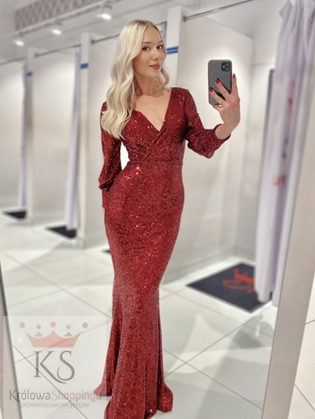 Sukienka długa cekiny rękawek bordo