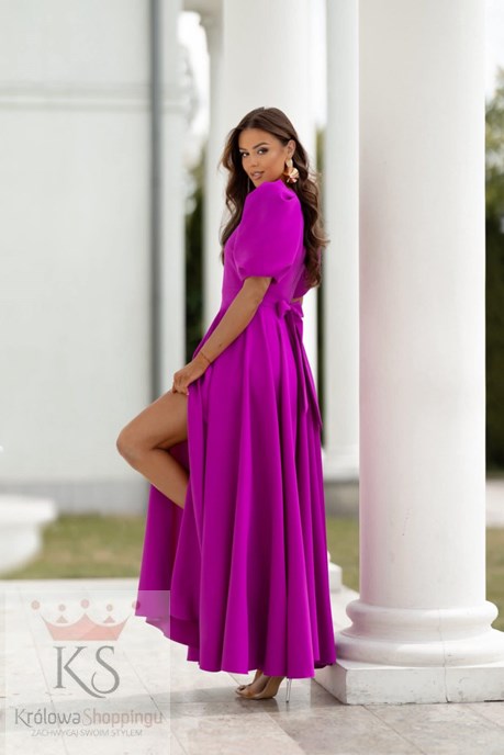 Sukienka długa 3/4 rękawek wiązanie plecy fuksja