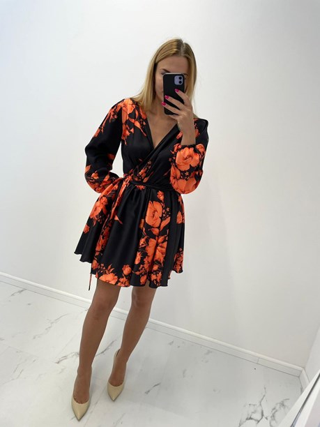 Sukienka krótka długi rękaw kwiaty czerń/pomarańcz