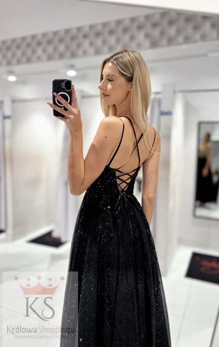 Sukienka długa gorset tiul brokat czerń