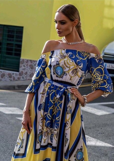 Sukienka długa długi rękaw wzór żółty/niebieski