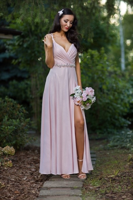 Sukienka długa na ramiączkach brokat róż