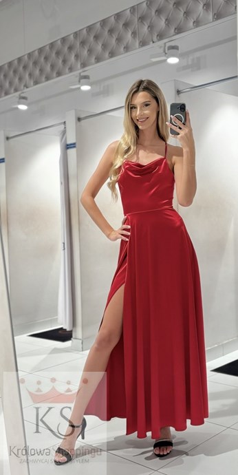Sukienka długa satynowa wiązanie szyja czerwień