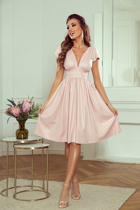 Sukienka krótka wysoki stan brokat jasny róż