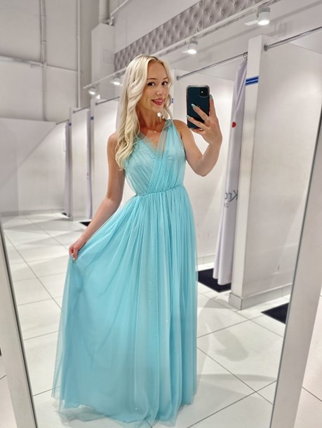 Sukienka długa tiul głęboki dekolt brokat mięta