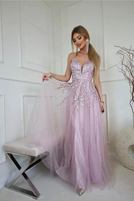 Sukienka długa tiul zdobienie listki wrzos