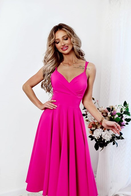 Sukienka midi rozkloszowana pas ramiączka malina