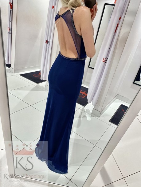 Sukienka długa ozdobny dekolt odkryte plecy granat