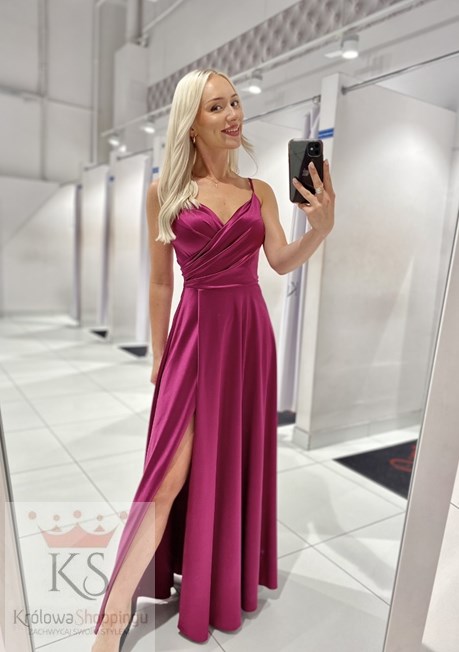 Sukienka długa ramiączka rozkloszowana śliwka