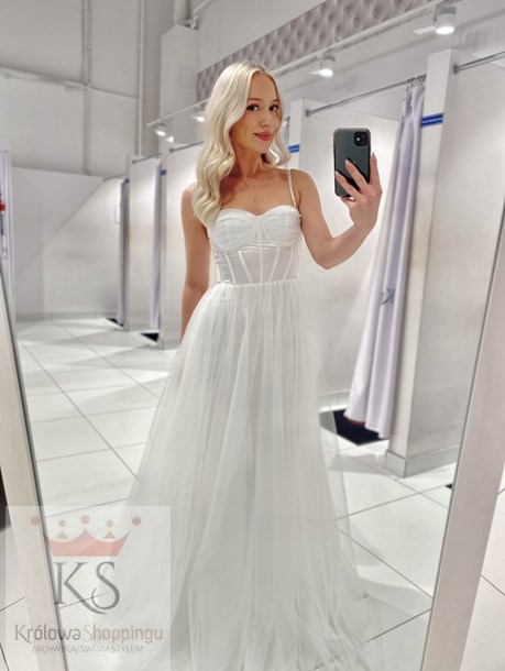 Sukienka długa gorset tiul ramiączka biel