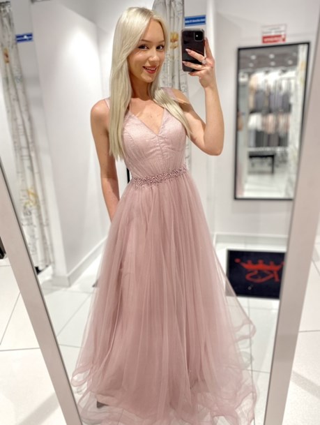 Sukienka długa zdobienie tiul perły brokat wrzos