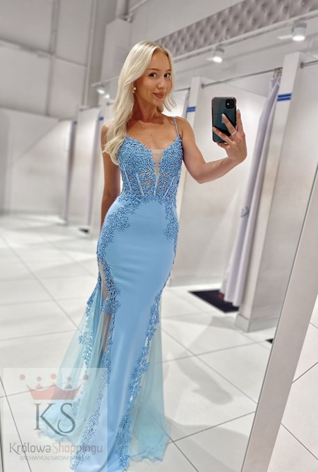 Sukienka długa gorset rybka haft błękit