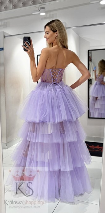 Sukienka asymetryczna falbany tiul gorset lila