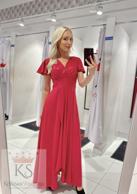 Sukienka długa marszczony pas połysk malina