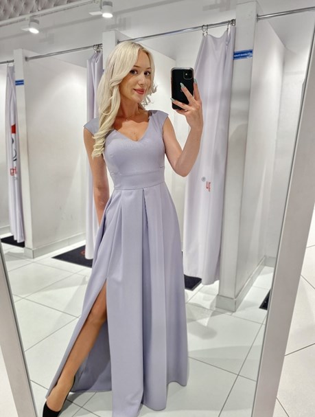 Sukienka długa pas rozcięcie błyszcząca szary