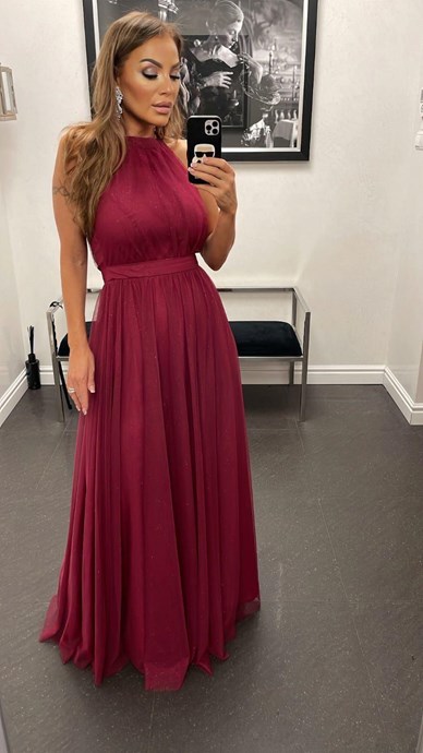 Sukienka długa wiązanie szyja tiul brokat bordo