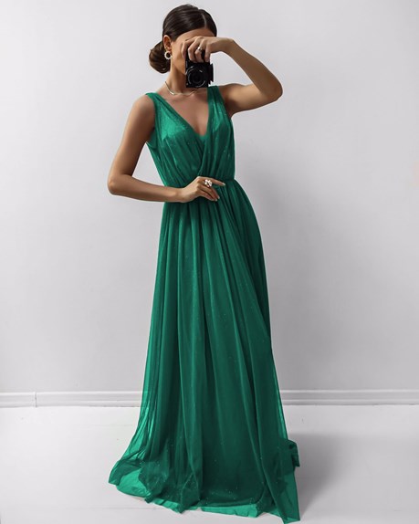 Sukienka długa tiul głęboki dekolt brokat szmaragd