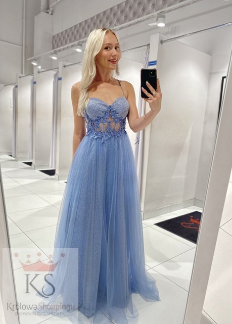 Sukienka długa wiązanie gorset srebro/błękit