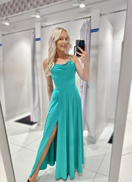 Sukienka długa satynowa wiązanie szyja szmaragd