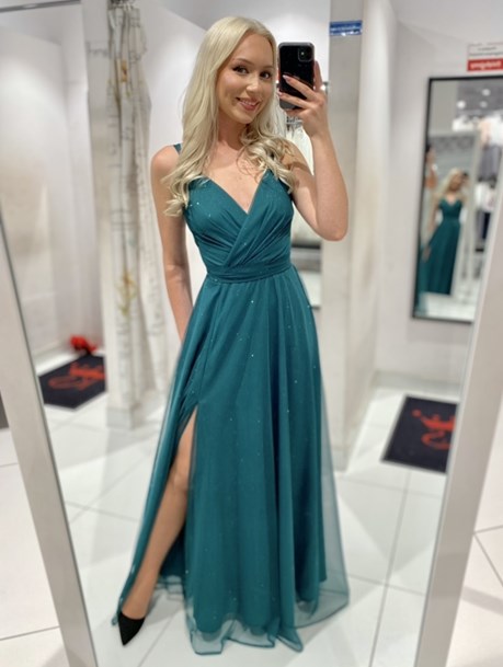 Sukienka długa na ramiączkach tiul brokat zieleń