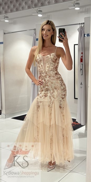 Sukienka długa cekiny rybka tiul rose gold