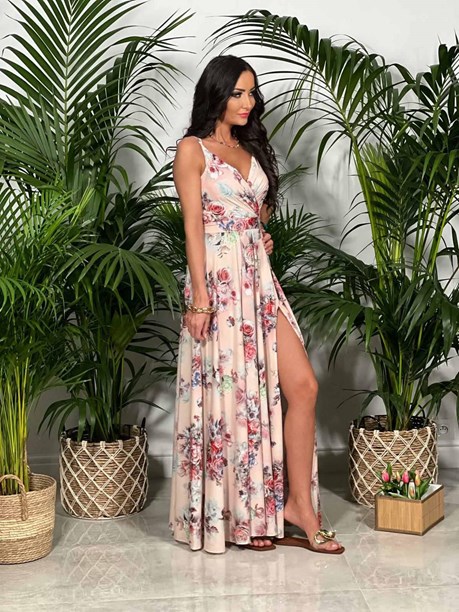 Sukienka długa na ramiączkach kwiaty morela