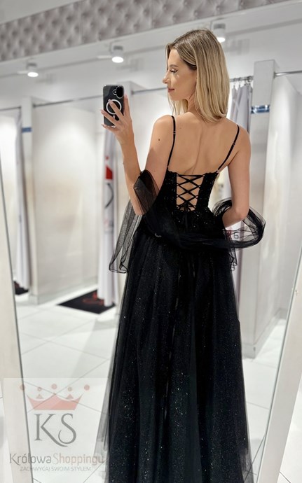 Sukienka długa gorset tiul brokat cyrkonie czerń