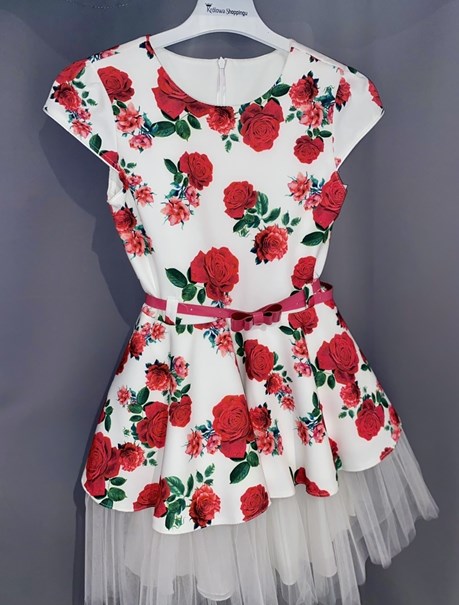 Sukienka dziecięca kwiaty róże tiul na dole biel