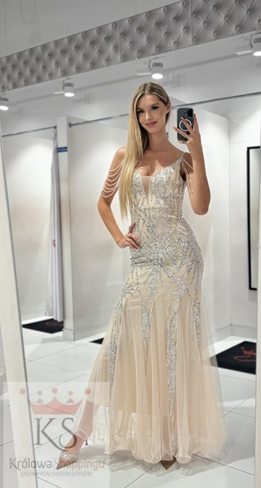 Sukienka długa rybka cekiny tiul beż/srebro